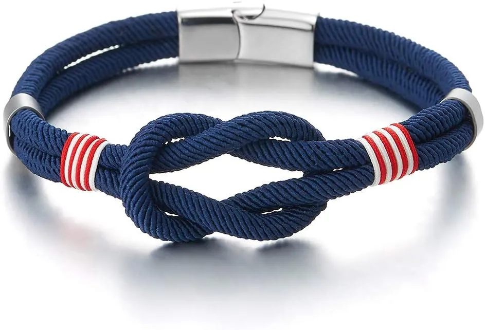 COOLSTEELANDBEYOND Friendship Nautical Knot Navy Blue Cotton Straps Double-Lap Wristband Bracelet Men Women