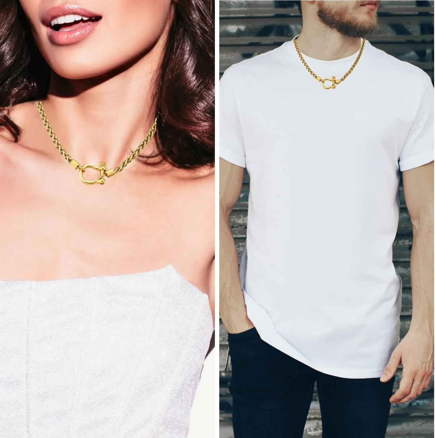 COOLSTEELANDBEYOND Mens Women Stainless Steel Foxtail Wheat Chain Necklace, Screw Anchor Shackle Nautical Sailor Clasp