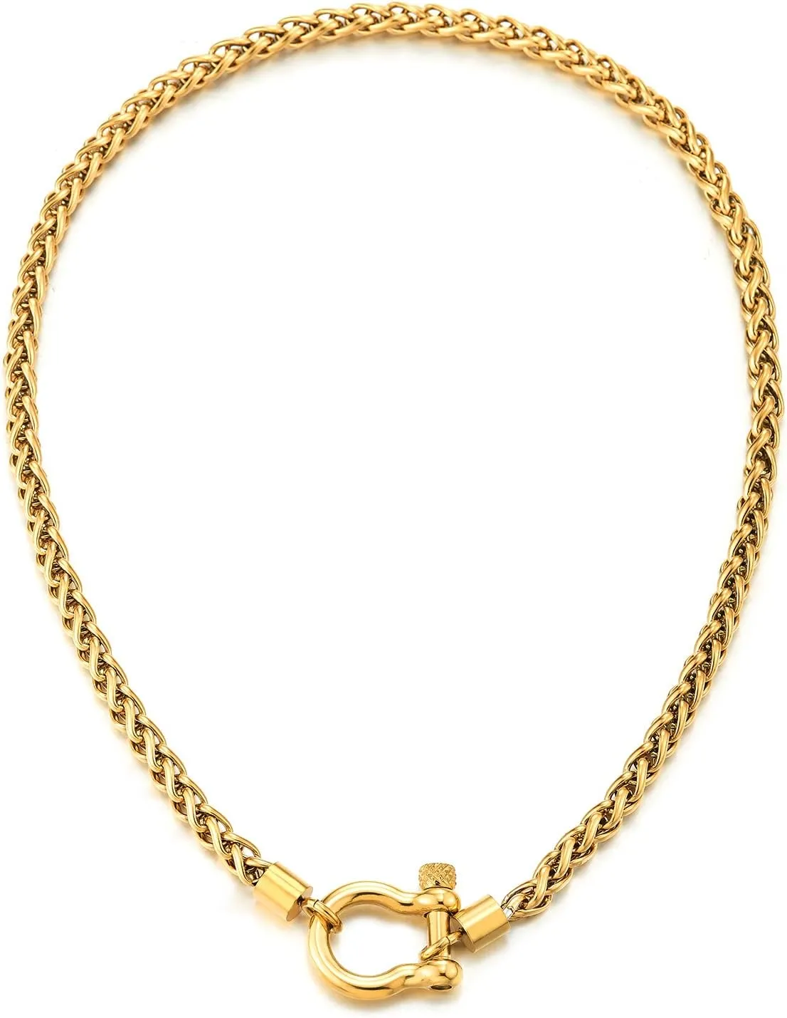COOLSTEELANDBEYOND Mens Women Stainless Steel Foxtail Wheat Chain Necklace, Screw Anchor Shackle Nautical Sailor Clasp