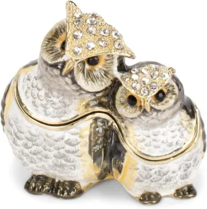 Cottage Garden Hand Painted Ornamental Jewelry Ring Necklace Earring Organizer Vintage Collectible Figurine Keepsake Box with Bejeweled Crystals, Flying Owl (Mommy & Baby)
