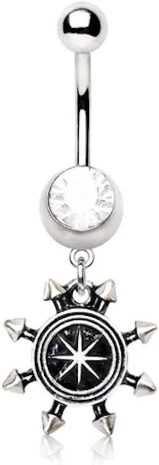 Covet Jewelry 316L Stainless Steel Spiked Nautical Compass Dangle Navel Ring