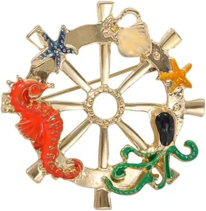 Creative Sea Animal Rudder Brooch Pin for Women Men Gold Plated Enamel Fashion Starfish Seahorse Octopus Ocean Life Brooches Lapel Unique Holiday Dress Accessories Jewelry Gift Souvenir