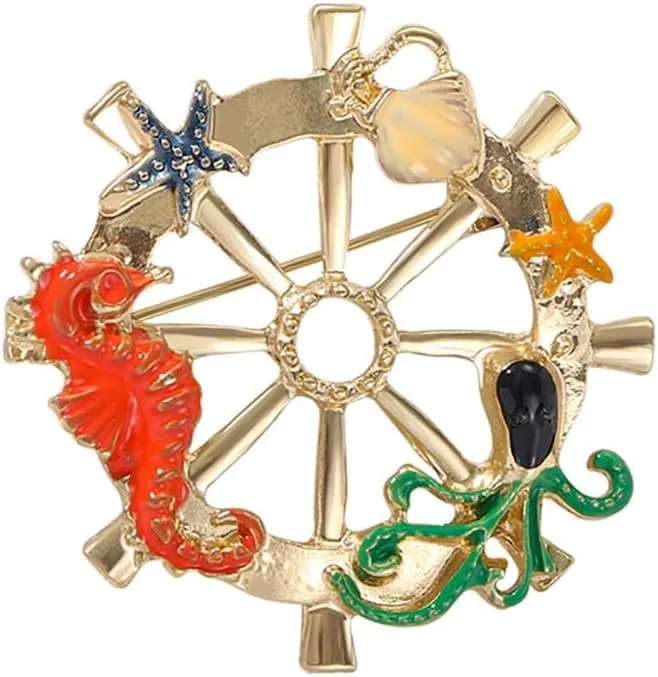 Creative Sea Animal Rudder Brooch Pin for Women Men Gold Plated Enamel Fashion Starfish Seahorse Octopus Ocean Life Brooches Lapel Unique Holiday Dress Accessories Jewelry Gift Souvenir