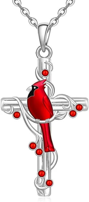 Cross Cardinal Necklace Red Cardinal Necklaces for Women Sterling Silver Pendant Memorial Sympathy Bird Charms Mothers Day Christmas Gifts