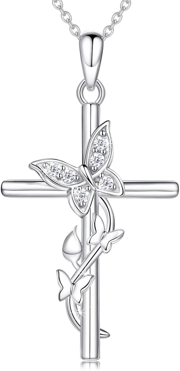 Cross Necklace for Women 925 Sterling Silver Butterfly Cross Necklace Faith Cubic Zirconia Pendant Necklaces for Women