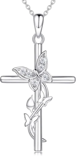 Cross Necklace for Women 925 Sterling Silver Butterfly Cross Necklace Faith Cubic Zirconia Pendant Necklaces for Women