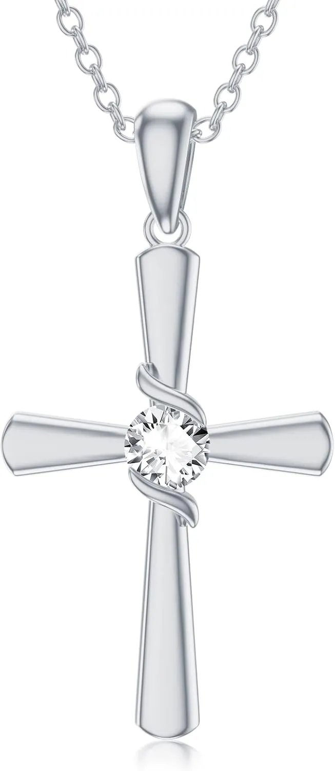 Cross Necklace for Women, 925 Sterling Silver Exquisite Created Diamond Pendant, Religious Christian Baptism Jewelry Gift for Women