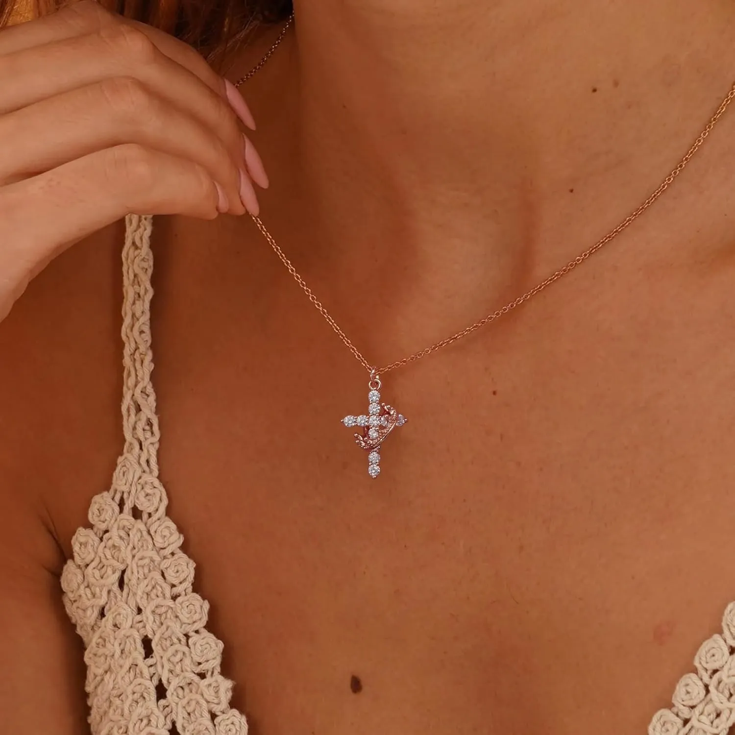 Cross Necklace for Women - Dainty Gold Necklaces Small Trendy 14K Gold/Silver/Rose Gold Plated Crown with Cross Cubic Zirconia Pendant Chain Necklace for Women Non Tarnish Gold Jewelry Gift