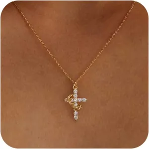 Cross Necklace for Women - Dainty Gold Necklaces Small Trendy 14K Gold/Silver/Rose Gold Plated Crown with Cross Cubic Zirconia Pendant Chain Necklace for Women Non Tarnish Gold Jewelry Gift