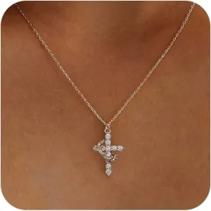 Cross Necklace for Women - Dainty Gold Necklaces Small Trendy 14K Gold/Silver/Rose Gold Plated Crown with Cross Cubic Zirconia Pendant Chain Necklace for Women Non Tarnish Gold Jewelry Gift
