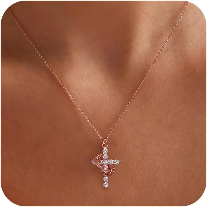 Cross Necklace for Women - Dainty Gold Necklaces Small Trendy 14K Gold/Silver/Rose Gold Plated Crown with Cross Cubic Zirconia Pendant Chain Necklace for Women Non Tarnish Gold Jewelry Gift