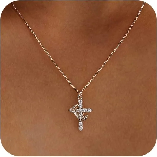 Cross Necklace for Women - Dainty Gold Necklaces Small Trendy 14K Gold/Silver/Rose Gold Plated Crown with Cross Cubic Zirconia Pendant Chain Necklace for Women Non Tarnish Gold Jewelry Gift