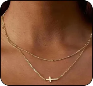 Cross Necklace for Women Layered Cross Pendant Necklaces 14K Gold Plated Y-Shaped Pendant Necklace Horizontal Sideways Cross Necklace Minimalist Trendy Jewelry