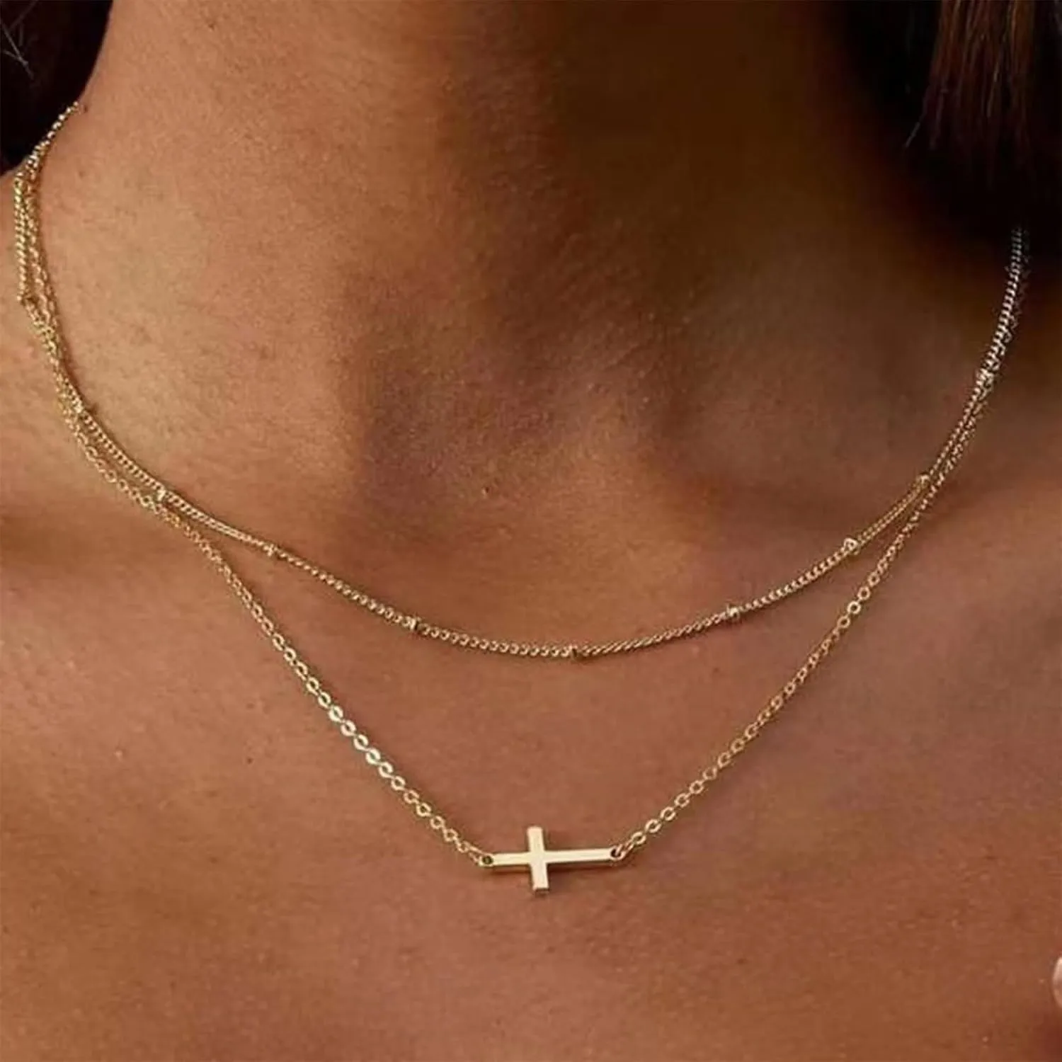 Cross Necklace for Women Layered Cross Pendant Necklaces 14K Gold Plated Y-Shaped Pendant Necklace Horizontal Sideways Cross Necklace Minimalist Trendy Jewelry