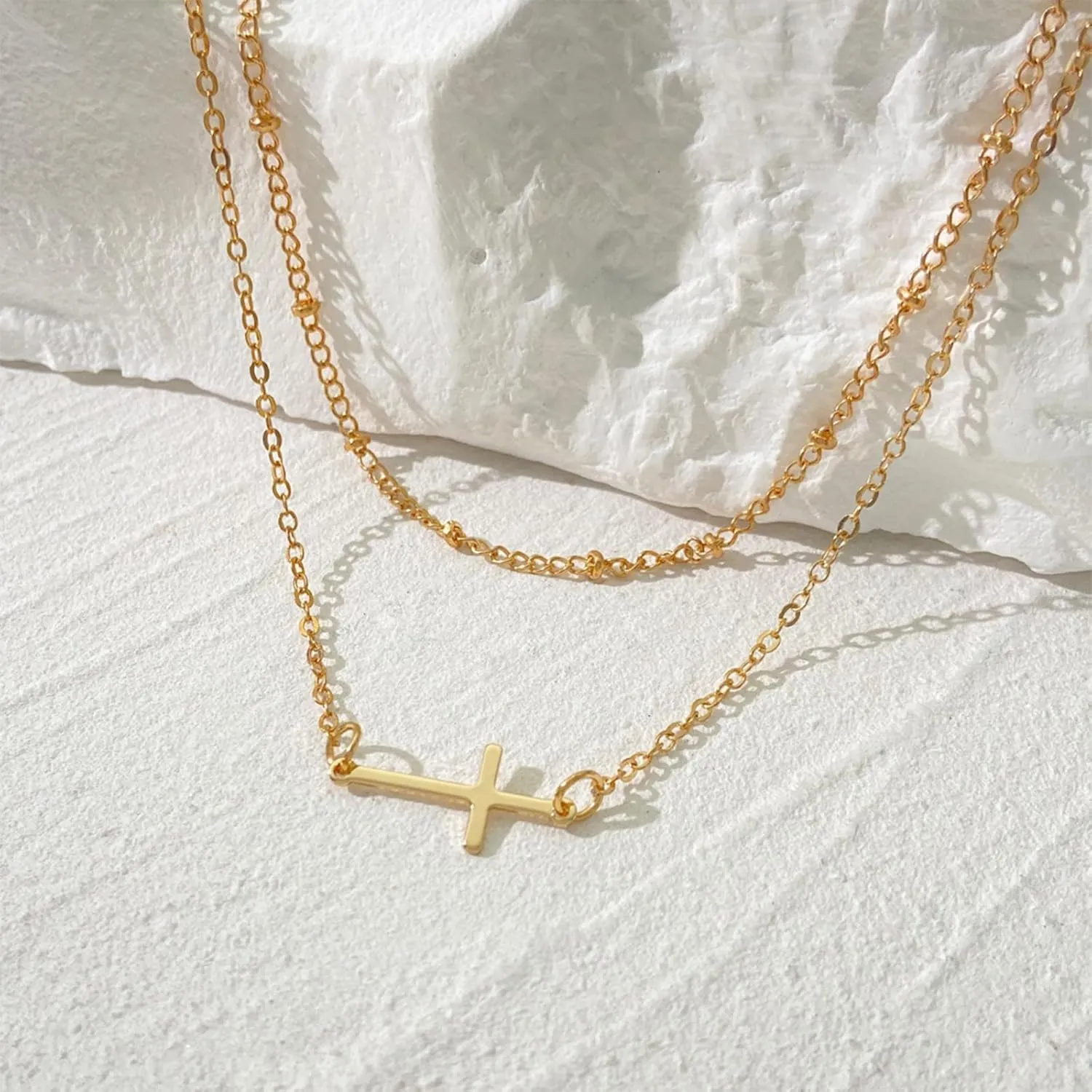 Cross Necklace for Women Layered Cross Pendant Necklaces 14K Gold Plated Y-Shaped Pendant Necklace Horizontal Sideways Cross Necklace Minimalist Trendy Jewelry