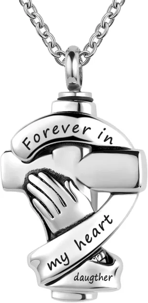 Cross Urn Necklaces for Ashes Praying Hands Cremation Memorial Stainless Steel Pendant Jewelry Forever in My Heart with Daughter
