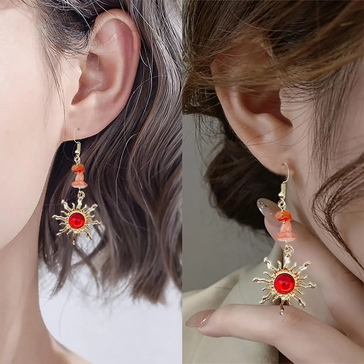 Crystals Stone Water Transparent Sunflower Dangle Earrings for Women, Natural Healing Gravel Sun Earrings, Gifts for Women