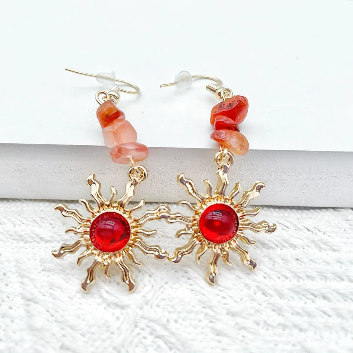 Crystals Stone Water Transparent Sunflower Dangle Earrings for Women, Natural Healing Gravel Sun Earrings, Gifts for Women