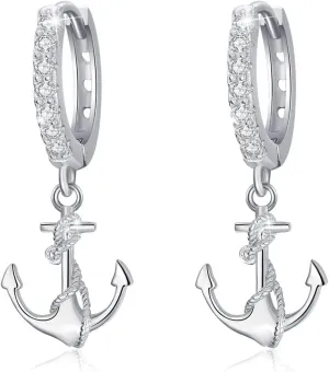 CUOKA MIRACLE Anchor Earrings for Women 925 Sterling Silver Nautical Anchor Dangle Hoop Small Minimalist Hypoallergenic Earring for Wife Mom Summer Jewelry Gift Birthday Christmas