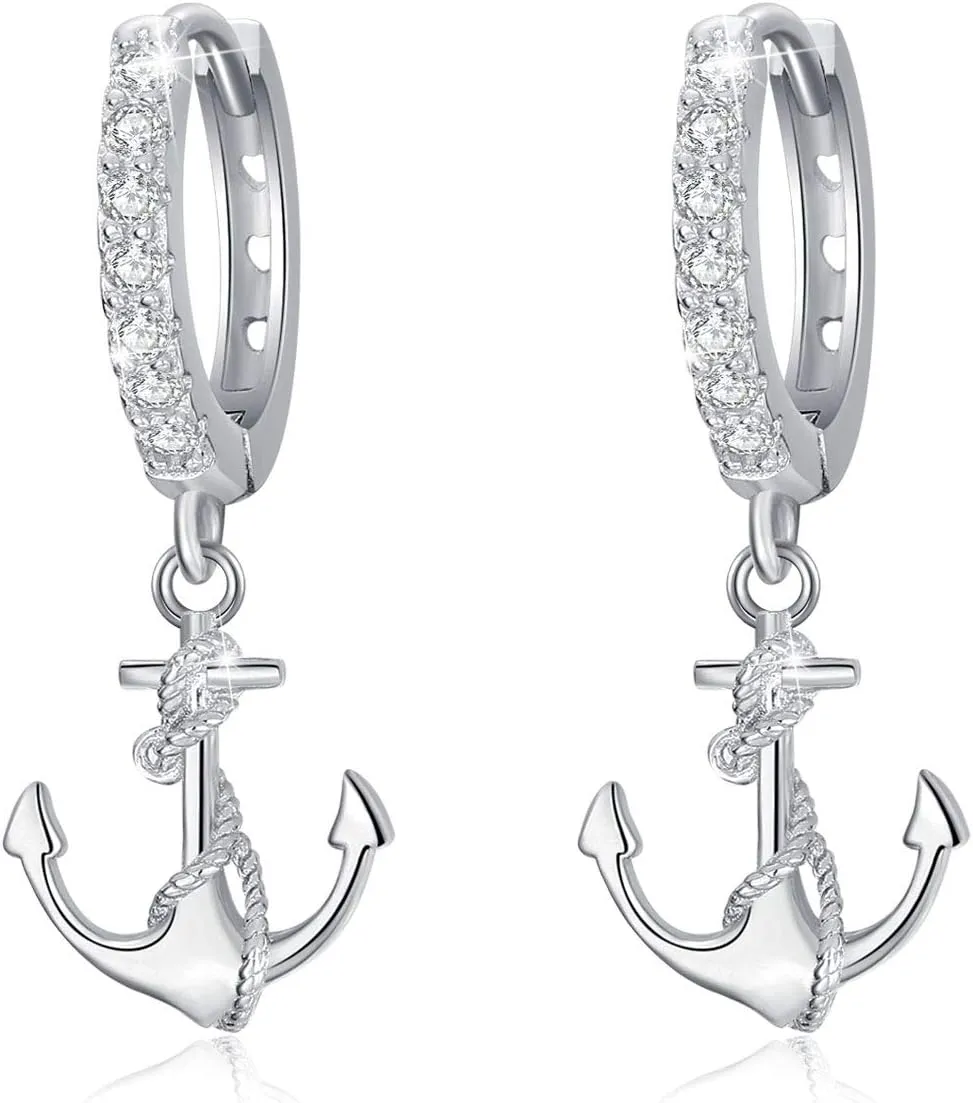 CUOKA MIRACLE Anchor Earrings for Women 925 Sterling Silver Nautical Anchor Dangle Hoop Small Minimalist Hypoallergenic Earring for Wife Mom Summer Jewelry Gift Birthday Christmas