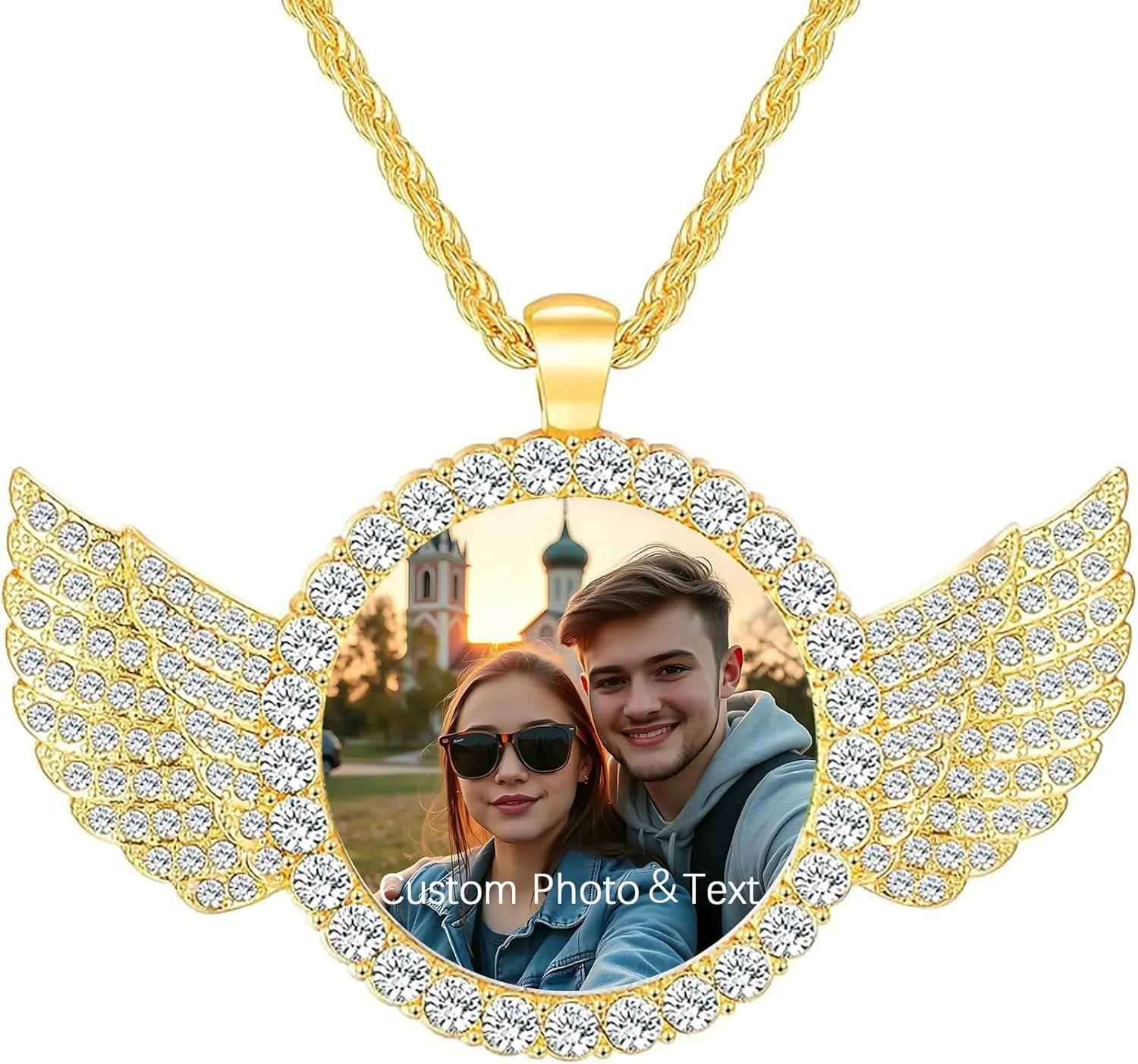 Custom Circle Chain with Wings, Personalized Memory Necklaces with Picture, Customized Angel Wings Round Chain, Gifts for Men Women