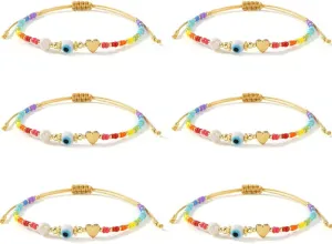 Cute 6Pcs Evil Eye Protection Amulet Lucky Gold Heart Bracelets Set for Women Adjustable Bulk Colorful Beaded Stackable Strand String Prom Friendship Summer Jewelry Gift