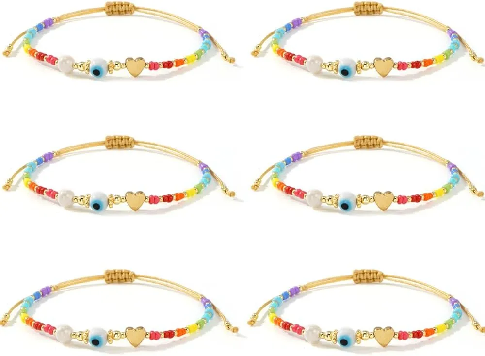 Cute 6Pcs Evil Eye Protection Amulet Lucky Gold Heart Bracelets Set for Women Adjustable Bulk Colorful Beaded Stackable Strand String Prom Friendship Summer Jewelry Gift