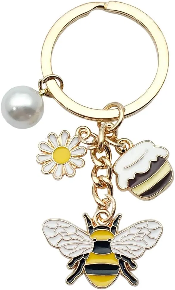 Cute Bee with Sunflower Keychain Honey Bee Flower Key Ring for Car Keys Holder Bag Purse
