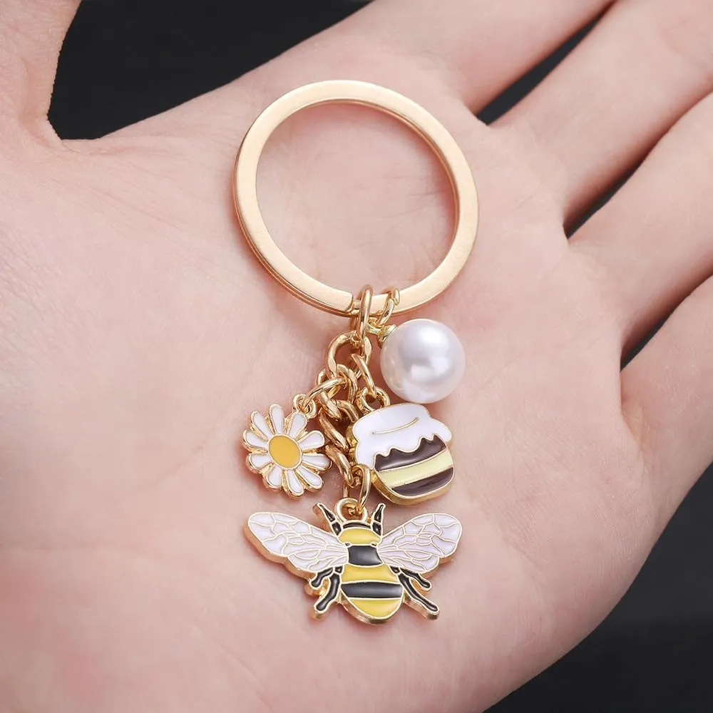 Cute Bee with Sunflower Keychain Honey Bee Flower Key Ring for Car Keys Holder Bag Purse