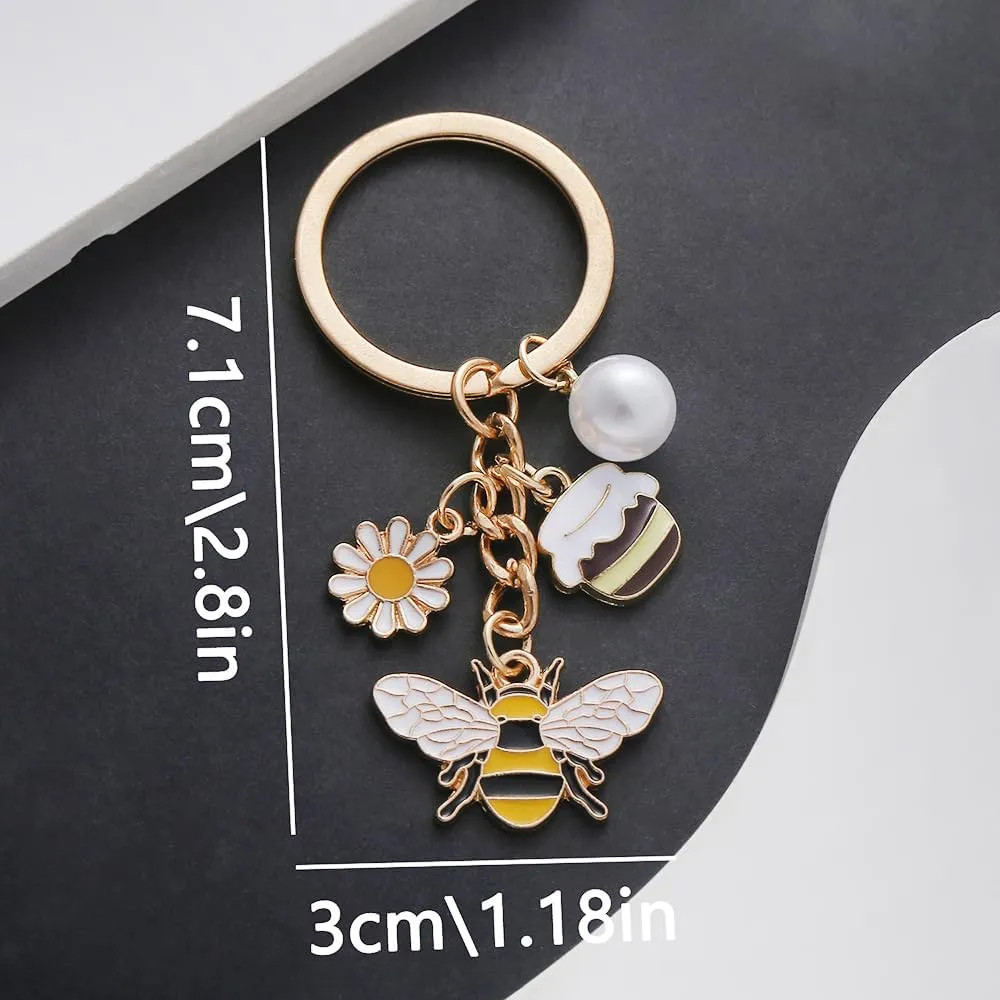 Cute Bee with Sunflower Keychain Honey Bee Flower Key Ring for Car Keys Holder Bag Purse