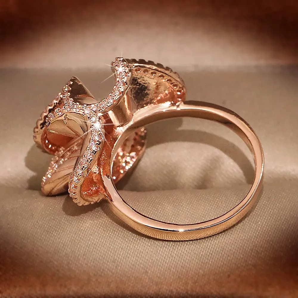 CZ Camellia Flower Promise Ring for Women Girls Rose Gold Plated Crystal Wave Leaf Statement Band Rings Comfort Fit Elegant Wedding Birthday Party Jewelry