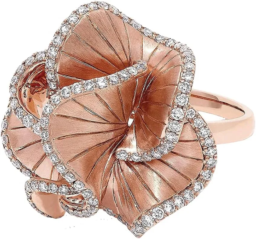 CZ Camellia Flower Promise Ring for Women Girls Rose Gold Plated Crystal Wave Leaf Statement Band Rings Comfort Fit Elegant Wedding Birthday Party Jewelry