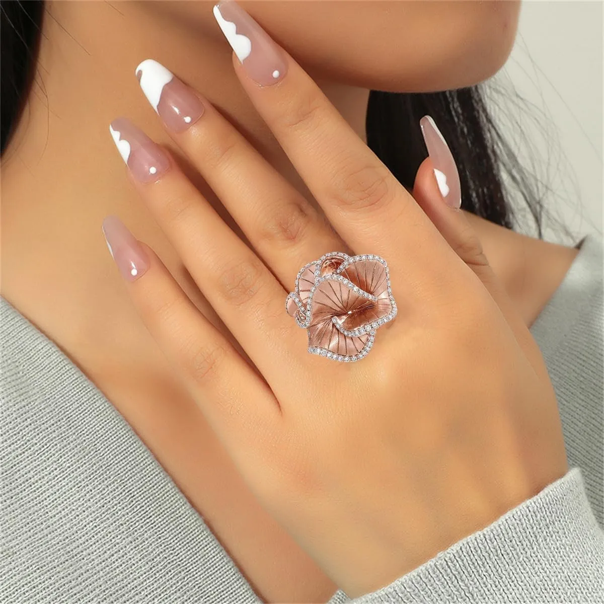 CZ Camellia Flower Promise Ring for Women Girls Rose Gold Plated Crystal Wave Leaf Statement Band Rings Comfort Fit Elegant Wedding Birthday Party Jewelry