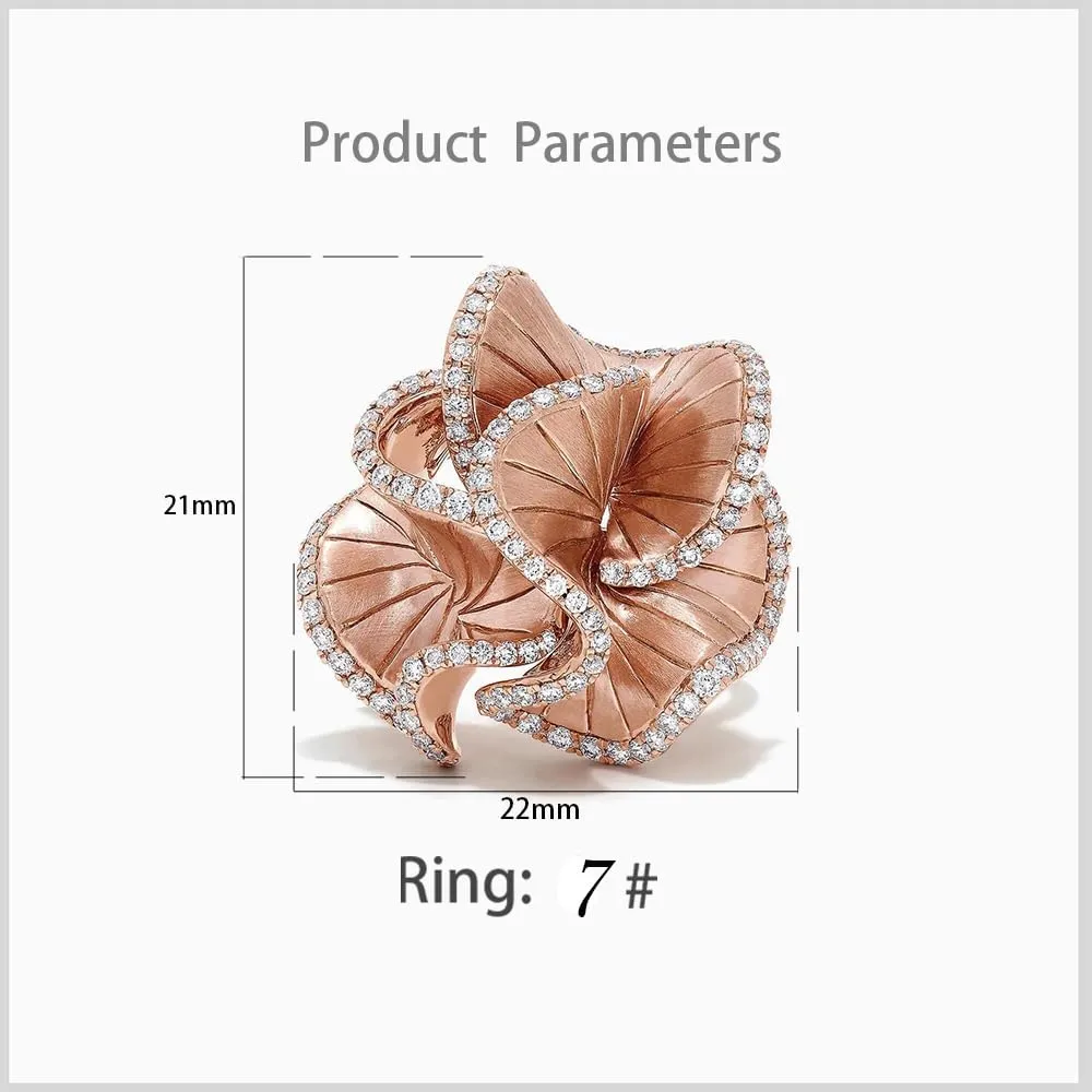 CZ Camellia Flower Promise Ring for Women Girls Rose Gold Plated Crystal Wave Leaf Statement Band Rings Comfort Fit Elegant Wedding Birthday Party Jewelry