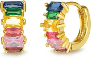 Dainty Chunky Rainbow Cubic Zirconia 14K Gold Plated Small Cartilage Cuff Hoop Earrings for Women Teen Girls Fashion 925 Sterling Silver Post Multicolored CZ Tiny Round Circle Sleeper Tragus Thick