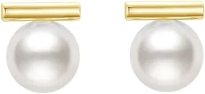 Dainty Pearl Bar Gold Plated Stud Earrings for Women 925 Sterling Silver Post Minimalist Round Pearl Studs Hypoallergenic Fashion Jewelry Wedding Birthday Gift Her