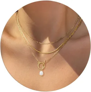 Dainty Pearl Necklaces for Women 14K Gold/Silver Plated OT Clasp Pearl Necklace Shining Twisted Rope Cuban Choker Toggle Clasp Necklaces Minimalist Vintage Paper Clip Link Chain Necklace Handmade Jewelry Gifts