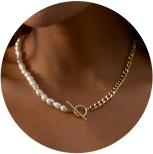 Dainty Pearl Necklaces for Women 14K Gold/Silver Plated OT Clasp Pearl Necklace Shining Twisted Rope Cuban Choker Toggle Clasp Necklaces Minimalist Vintage Paper Clip Link Chain Necklace Handmade Jewelry Gifts