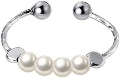Dainty Pearl Sterling Silver Open Staking Ring for Women Elegant Ball Beads Spinner Fidget Anxiety Worry Adjustable Statement Promise Eternity Wedding Rings Tail Finger Band Cute Jewelry Gifts BFF