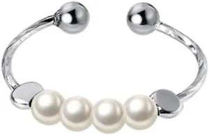 Dainty Pearl Sterling Silver Open Staking Ring for Women Elegant Ball Beads Spinner Fidget Anxiety Worry Adjustable Statement Promise Eternity Wedding Rings Tail Finger Band Cute Jewelry Gifts BFF
