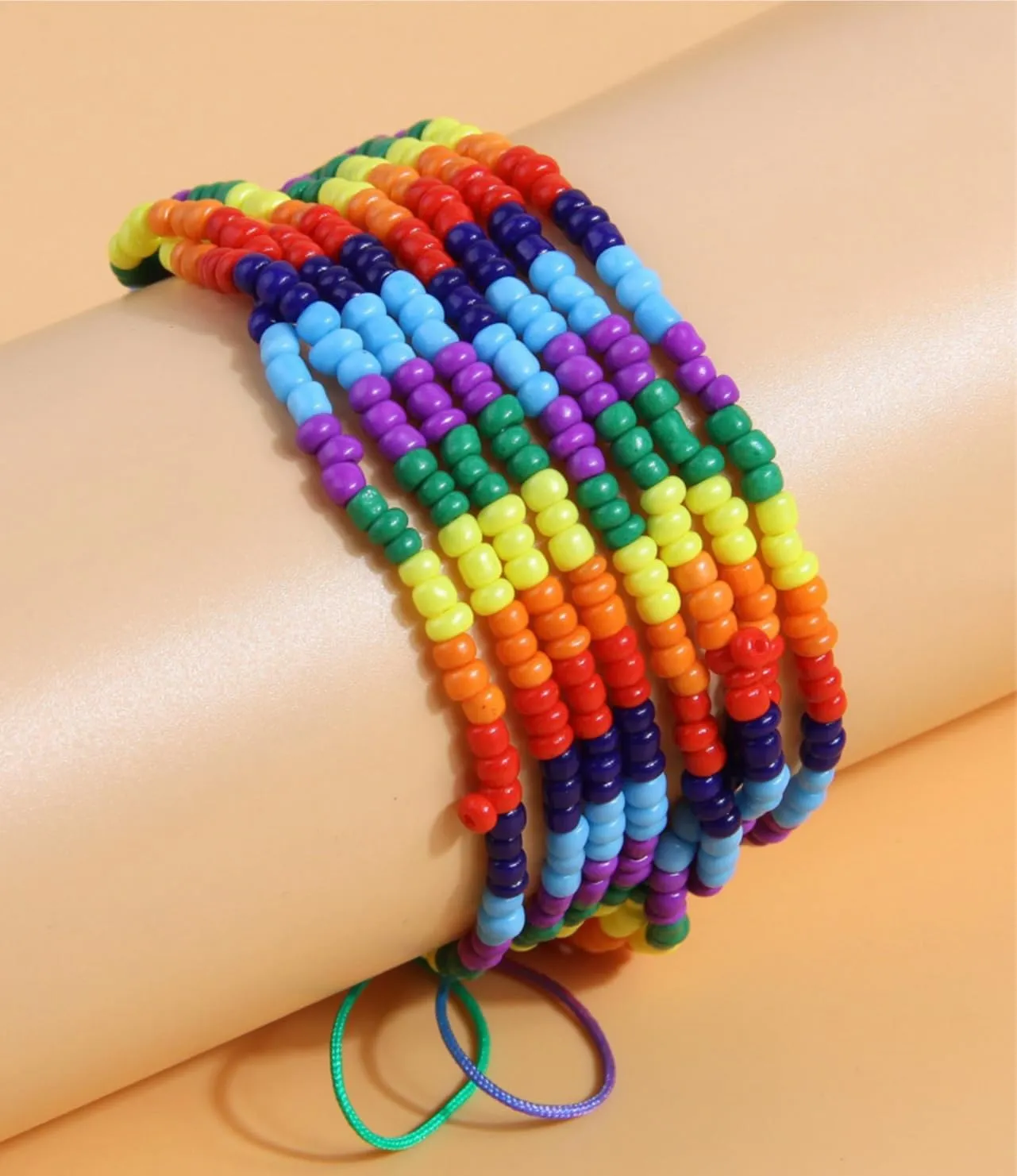 DATOA Rainbow Beaded Anklet Multi-Layer Beaded Stretch Ankle Bracelet Boho Beach Ankle Jewelry