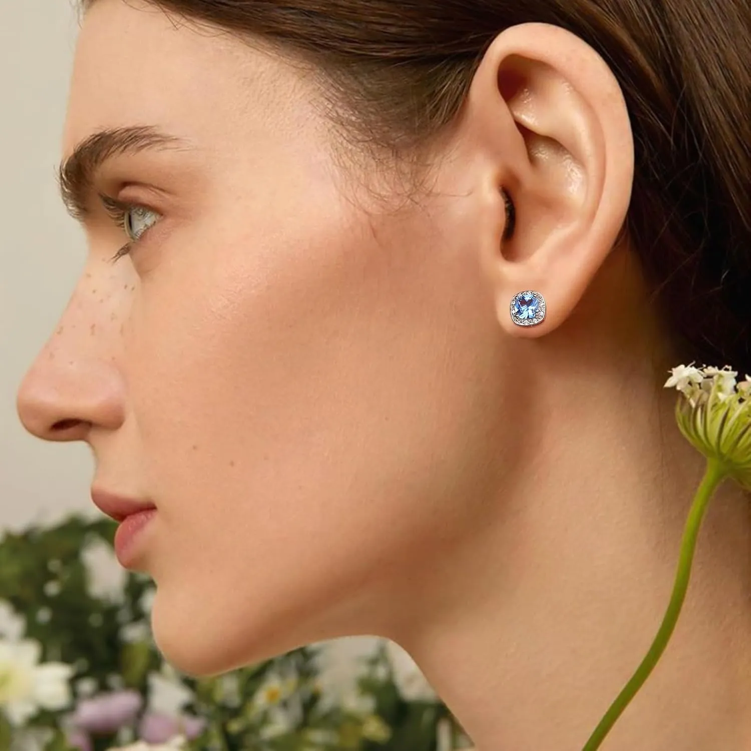 DAYBYDAY Birthstone Earrings for Women 925 Sterling Silver Halo Stud Earrings, Small Round/Cushion/Heart Gemstone Earrings Birthstone Jewelry