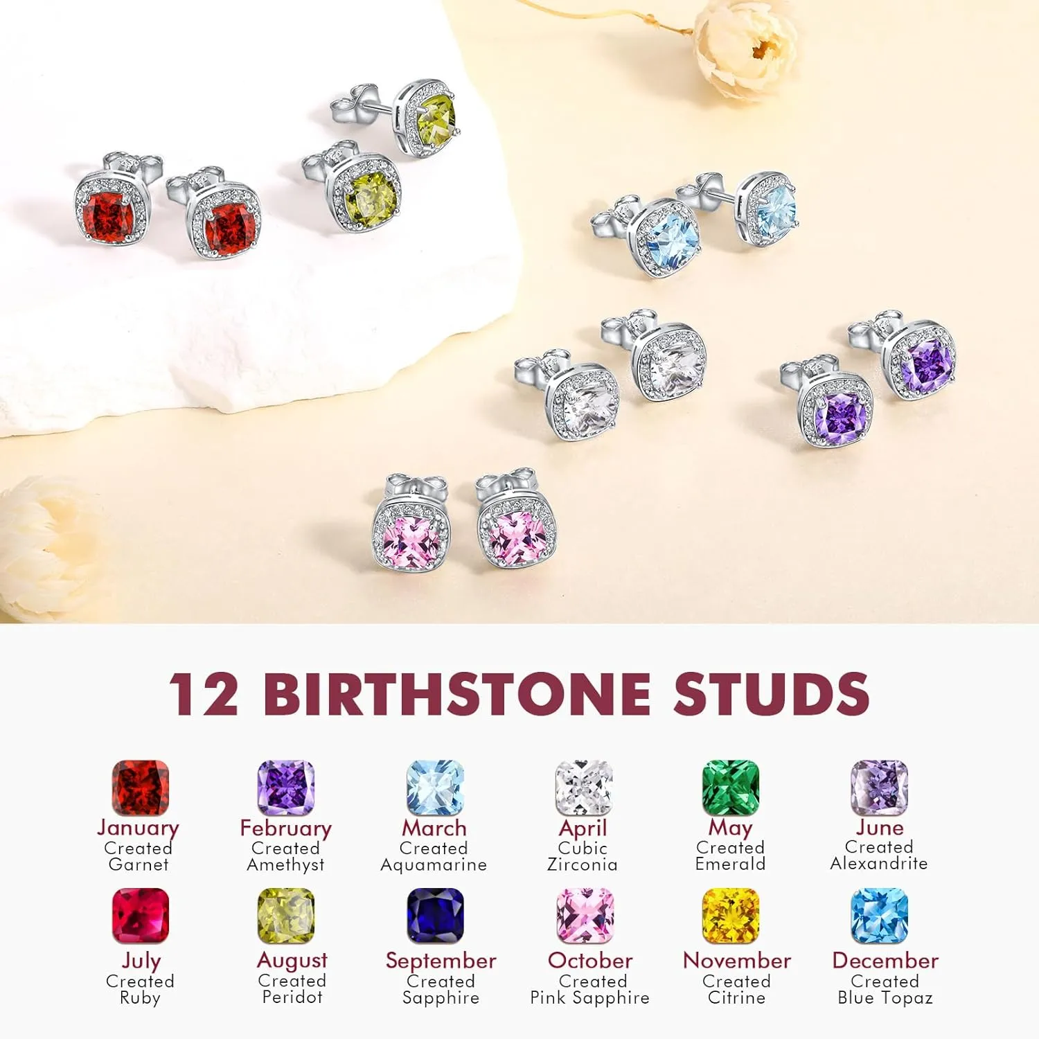 DAYBYDAY Birthstone Earrings for Women 925 Sterling Silver Halo Stud Earrings, Small Round/Cushion/Heart Gemstone Earrings Birthstone Jewelry