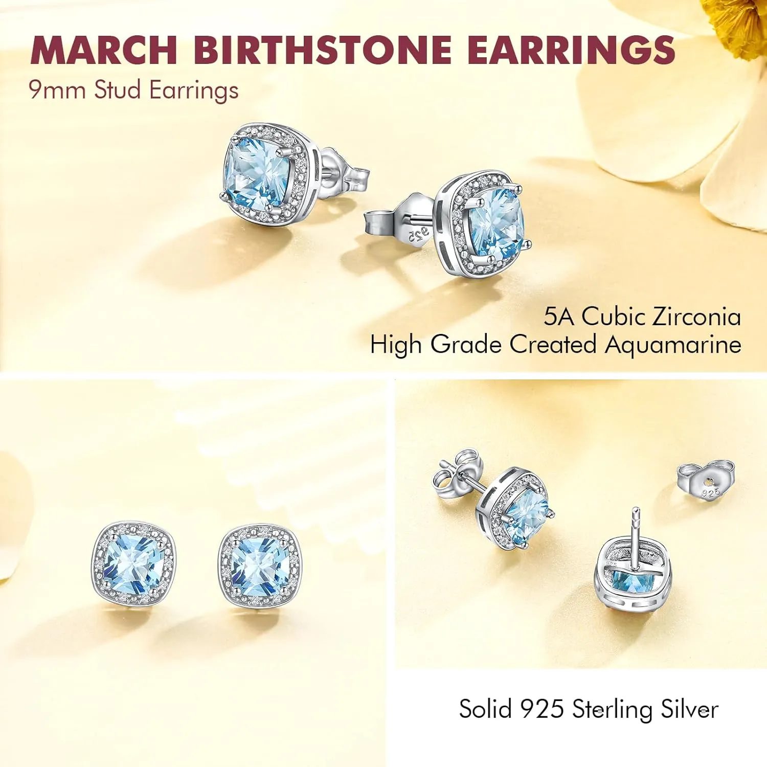 DAYBYDAY Birthstone Earrings for Women 925 Sterling Silver Halo Stud Earrings, Small Round/Cushion/Heart Gemstone Earrings Birthstone Jewelry