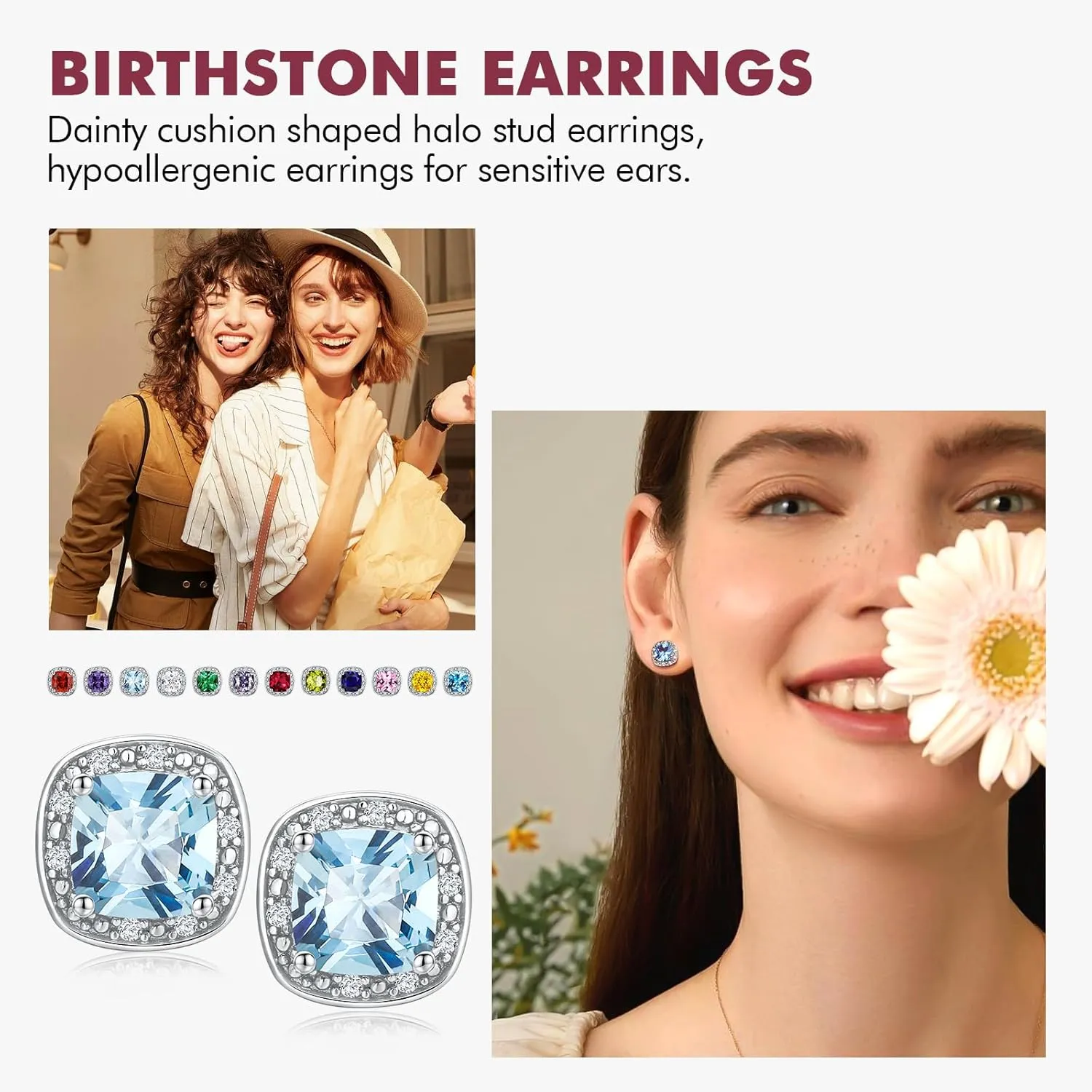 DAYBYDAY Birthstone Earrings for Women 925 Sterling Silver Halo Stud Earrings, Small Round/Cushion/Heart Gemstone Earrings Birthstone Jewelry