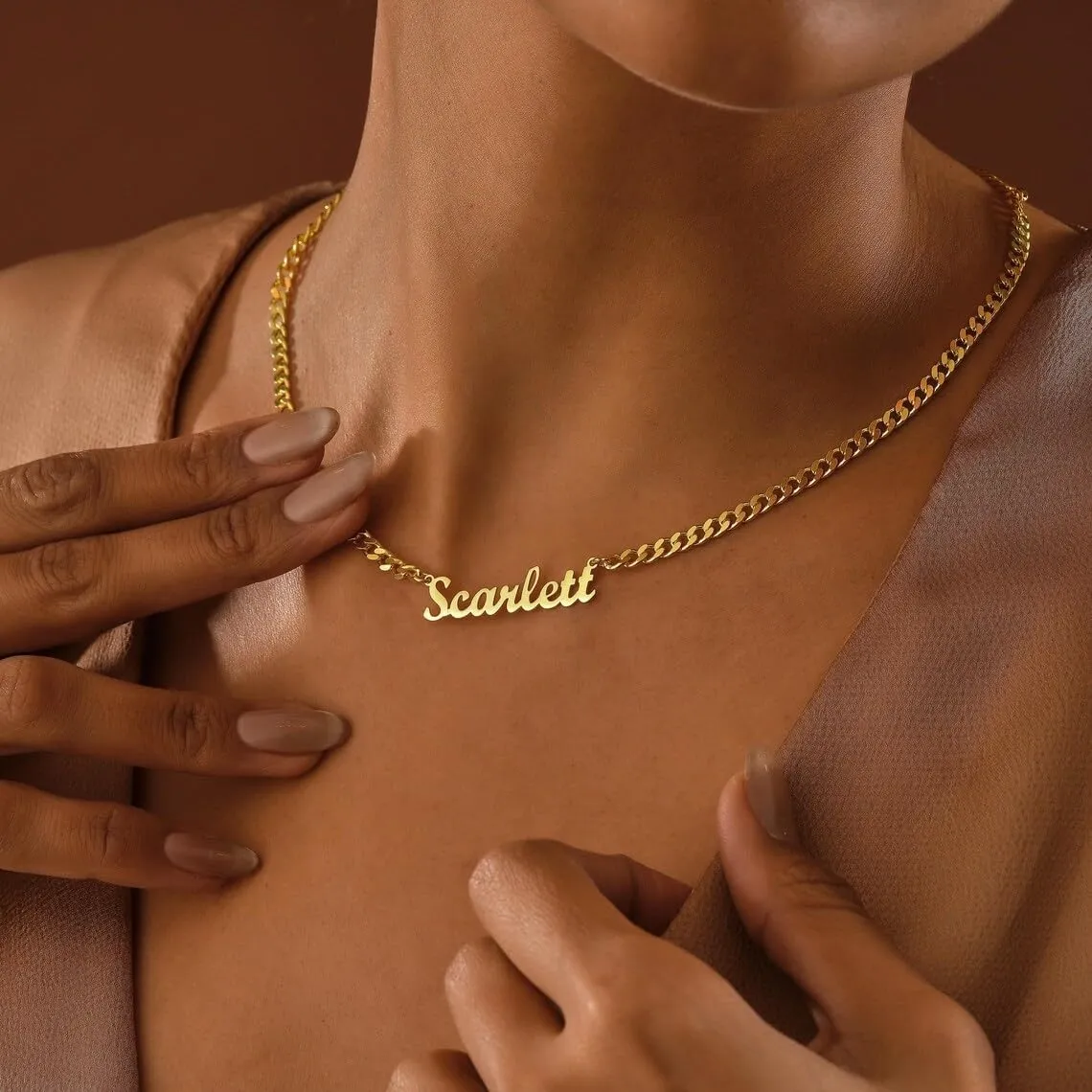DayOfShe Name Necklace Personalized for Women, 18K Gold Plated Cuban Chain Necklaces Customized with Name as Christmas Girlfriend Gift