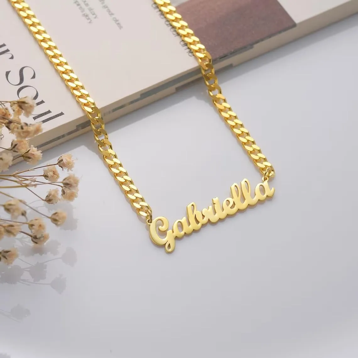 DayOfShe Name Necklace Personalized for Women, 18K Gold Plated Cuban Chain Necklaces Customized with Name as Christmas Girlfriend Gift