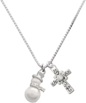 Delight Jewelry Imitation Pearl Snowman Scroll Cross Necklace, 18" 2"