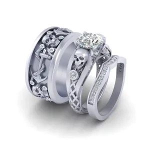 Diamond Skull Engagement Ring Band Set Nautical Anchor Band Matching Couple 3Pc Set 925 Sterling Silver