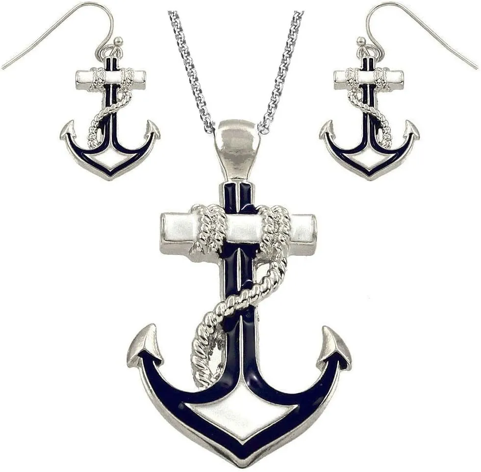 DianaL Boutique Silvertone Nautical Anchor Pendant Necklace and Earring Set 24" Chain